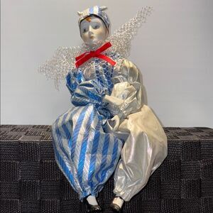 Porcelain Harlequin Doll with Blue and Silver Costume